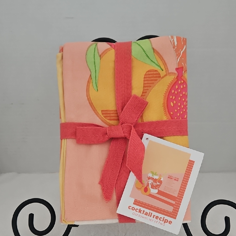 NWT Cocktail Recipe Dishtowel Set Colorful Fruit Tea Towels Set of 2